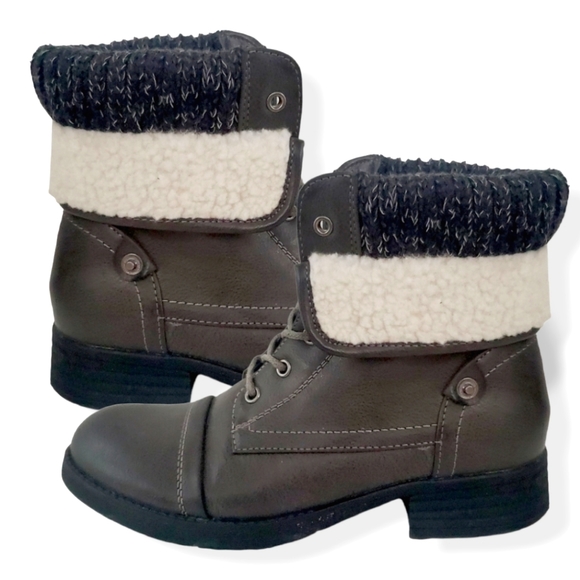 #500 Gray Fur Lined Fulled Over Moto Ankle Combat Boots Water Proof Size 6 - Picture 6 of 7